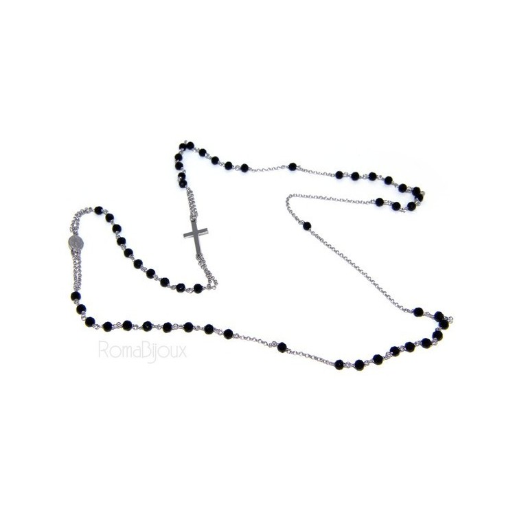 NSA|Collana Rosario uomo Argento 925 Con cristallo nero croce e madonna 66 cm