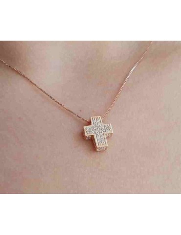 Collana croce zirconata bicolore AMEN argento 925 rosata