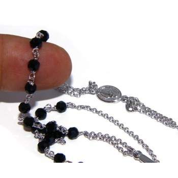 NSA|Collana Rosario uomo Argento 925 Con cristallo nero croce e madonna 66 cm