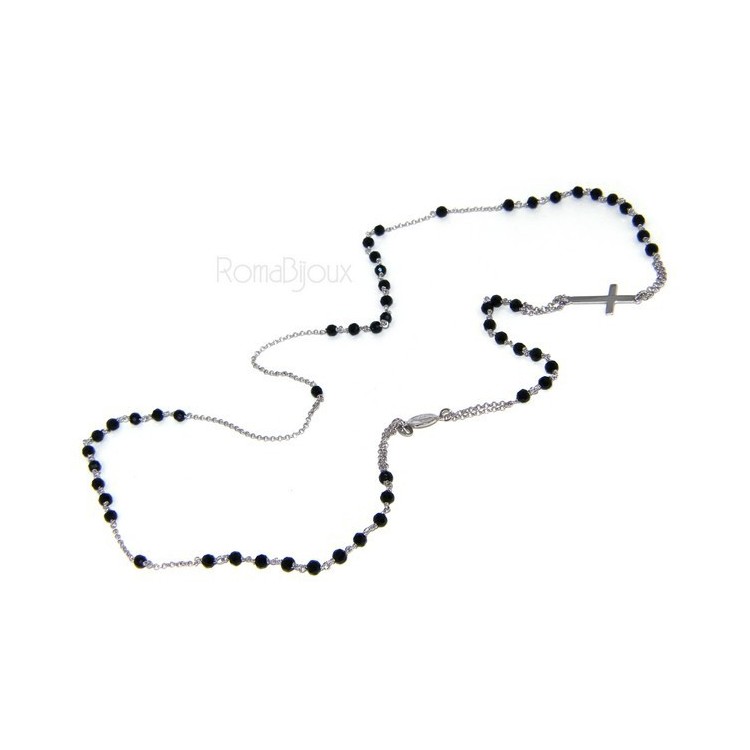 NSA|Collana Rosario uomo Argento 925 Con cristallo nero croce e madonna 66 cm
