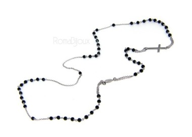 NSA|Collana Rosario uomo Argento 925 Con cristallo nero croce e madonna 66 cm