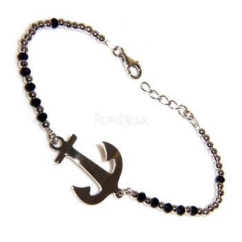 NSA|Bracciale rosario uomo in Argento 925 con immagine madonnina , croce convessa e cristallo nero . Mis 17,00 - 22,00