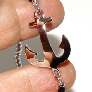 NSA|Bracciale rosario uomo in Argento 925 con immagine madonnina , croce convessa e cristallo nero . Mis 17,00 - 22,00