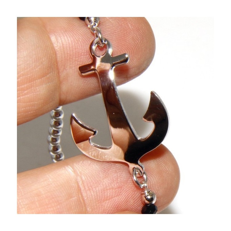 NSA|Bracciale rosario uomo in Argento 925 con immagine madonnina , croce convessa e cristallo nero . Mis 17,00 - 22,00