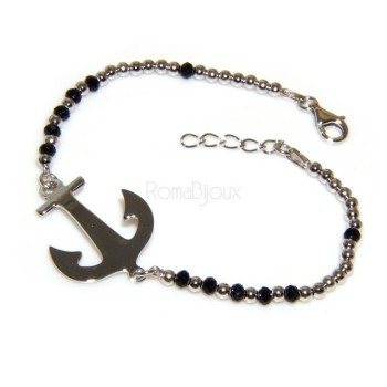 NSA|Bracciale rosario uomo in Argento 925 con immagine madonnina , croce convessa e cristallo nero . Mis 17,00 - 22,00