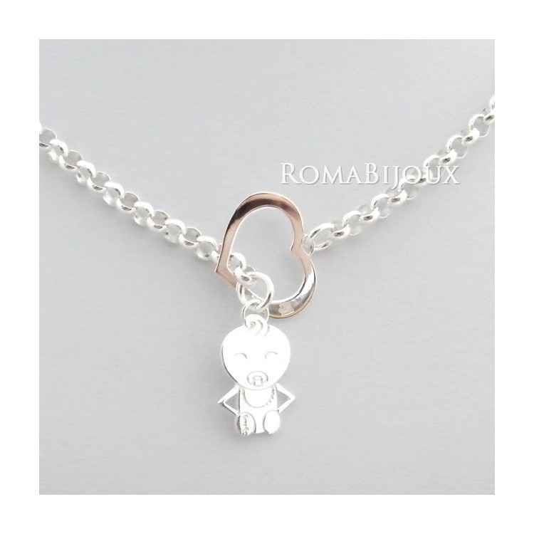 NSA|ARGENTO 925 catena collana saliscendi rolo' con cuore aperto e neonato bebe'