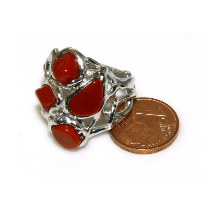 NSA|925: woman adjustable ring handmade with natural red coral star