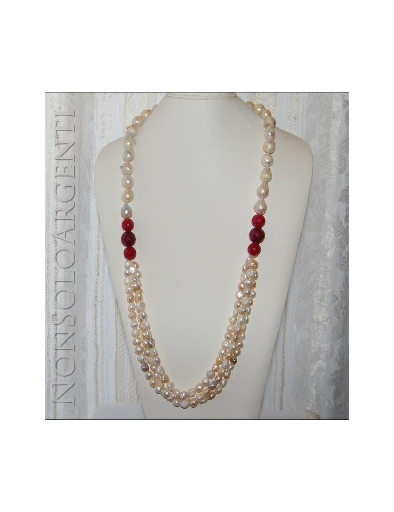 Necklace with 925 silver baroque pearls, cultured pearls and red aventurine