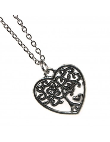 antiqued silver pendant heart tree of life with steel necklace or cord