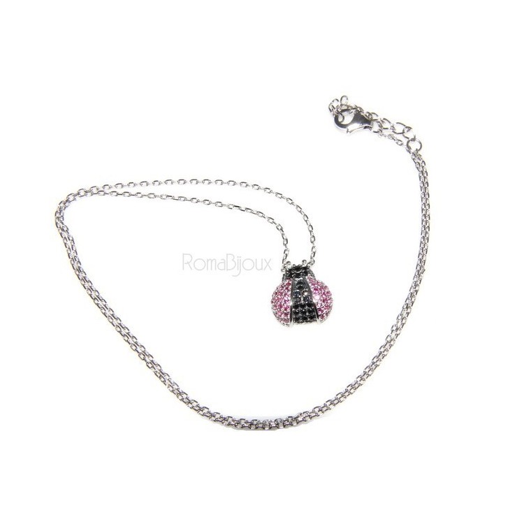 NSA|Argento 925 : Collana Collier donna pendente centrale coccinella magenta nero amuleto