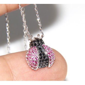 NSA|925: Collier Necklace with central pendant amulet ladybug magenta