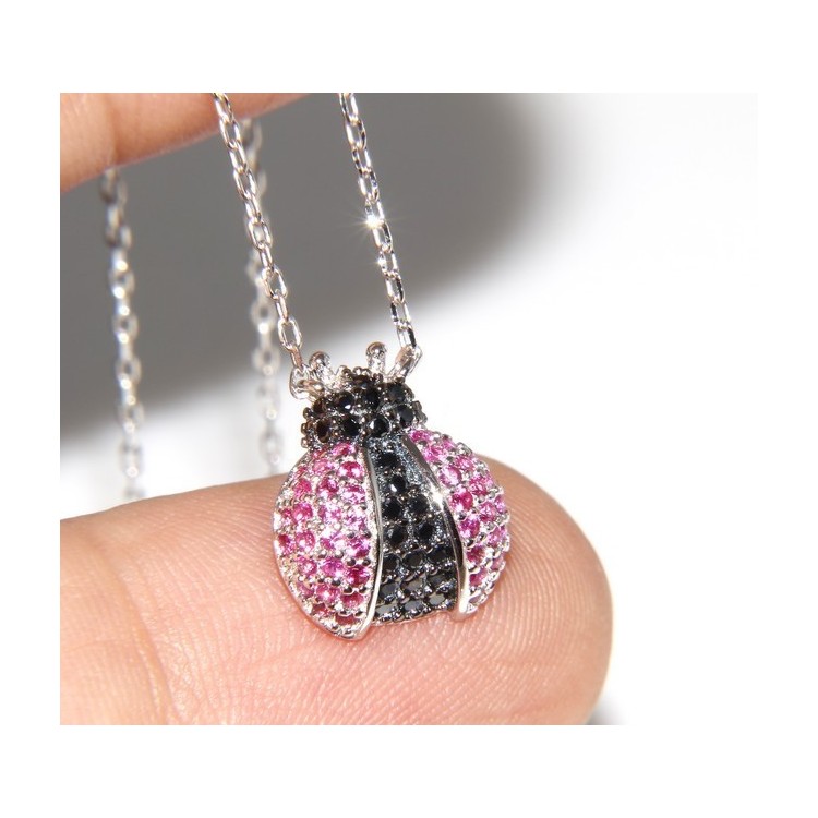 NSA|925: Collier Necklace with central pendant amulet ladybug magenta