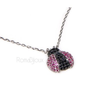 NSA|Argento 925 : Collana Collier donna pendente centrale coccinella magenta nero amuleto