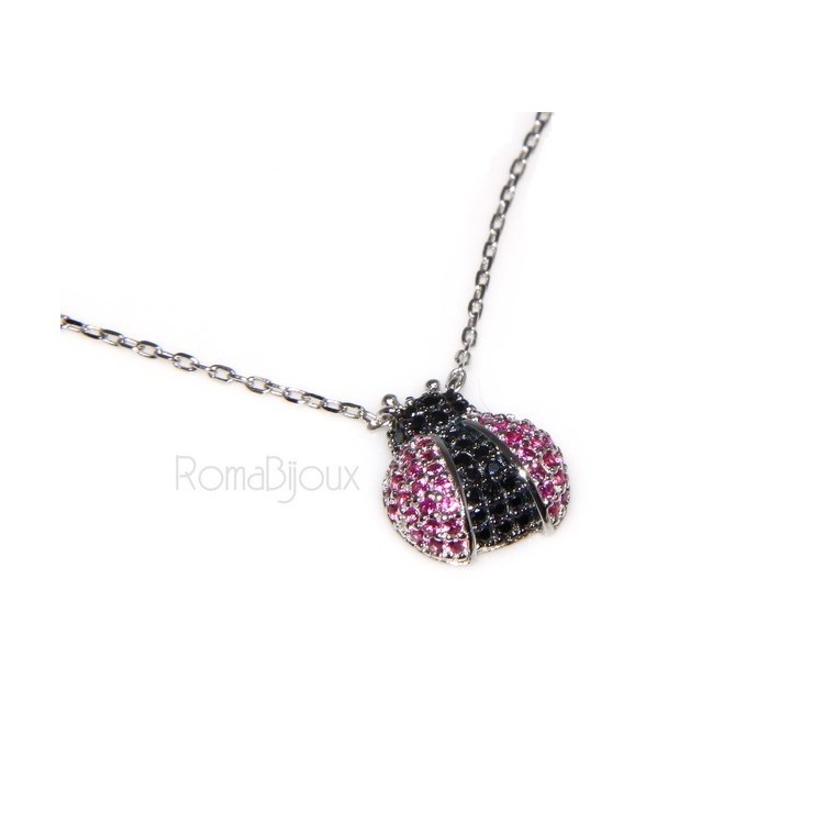 NSA|Argento 925 : Collana Collier donna pendente centrale coccinella magenta nero amuleto