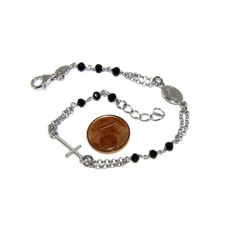 NSA|Bracciale rosario uomo donna in Argento 925 con immagine madonnina , croce e cristallo nero 17,00 19,50