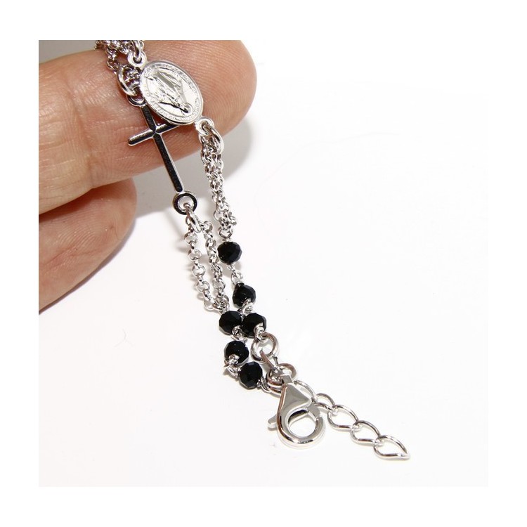 NSA|Bracciale rosario uomo donna in Argento 925 con immagine madonnina , croce e cristallo nero 17,00 19,50