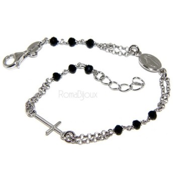 NSA|Rosary bracelet male female 925 silver Madonna image, cross and black crystal 17.00 19.50