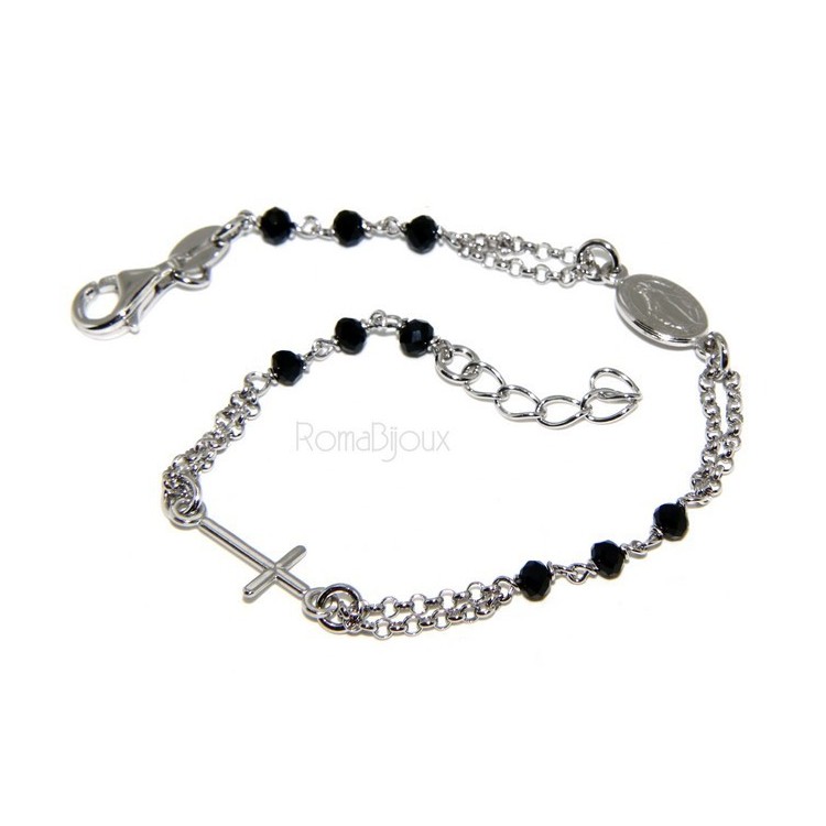 NSA|Bracciale rosario uomo donna in Argento 925 con immagine madonnina , croce e cristallo nero 17,00 19,50