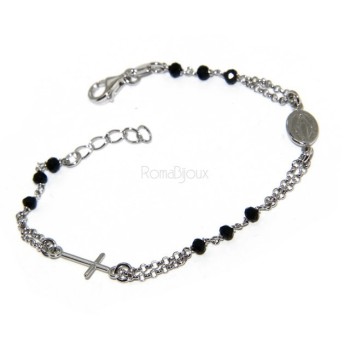 NSA|Rosary bracelet male female 925 silver Madonna image, cross and black crystal 17.00 19.50