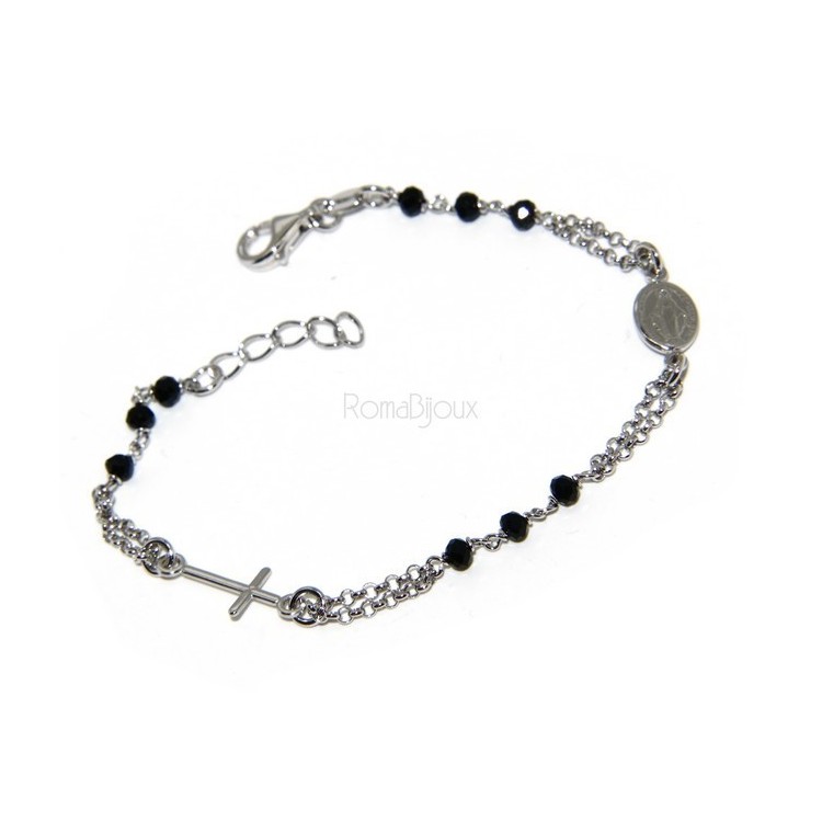 NSA|Bracciale rosario uomo donna in Argento 925 con immagine madonnina , croce e cristallo nero 17,00 19,50