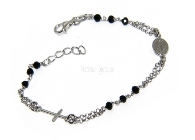 NSA|Bracciale rosario uomo donna in Argento 925 con immagine madonnina , croce e cristallo nero 17,00 19,50