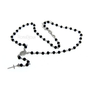 NSA|Collana Rosario uomo Argento 925 Con cristallo nero 4mm croce e madonna 44+5