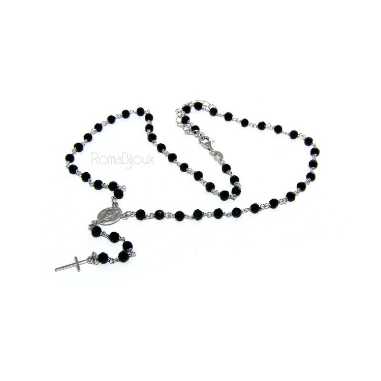 NSA|Collana Rosario uomo Argento 925 Con cristallo nero 4mm croce e madonna 44+5