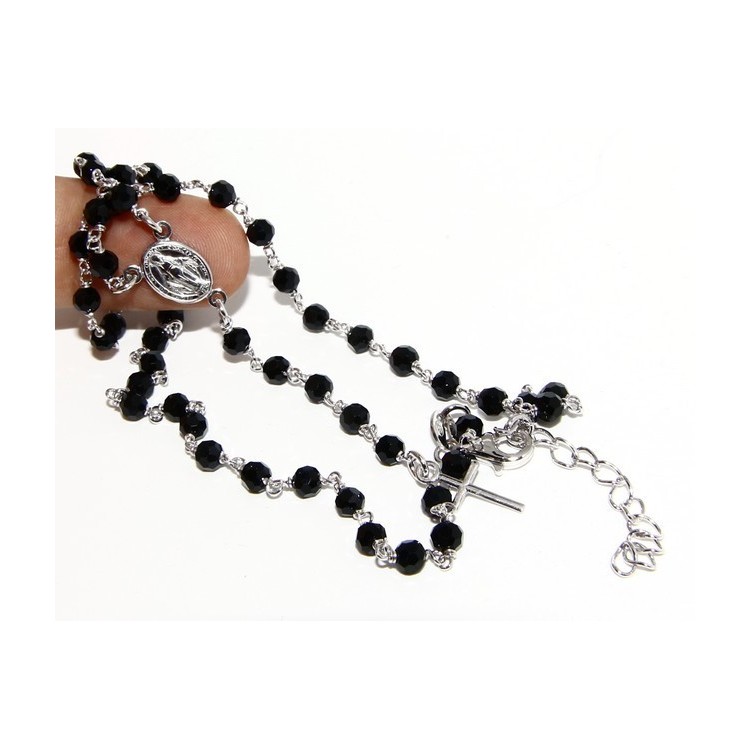 NSA|Rosary necklace man 925 With black crystal 4 mm cross and madonna 44 + 5