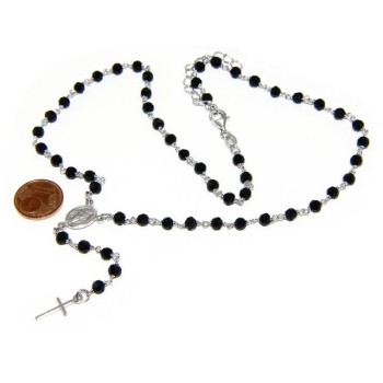NSA|Rosary necklace man 925 With black crystal 4 mm cross and madonna 44 + 5