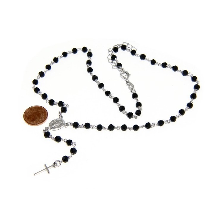 NSA|Collana Rosario uomo Argento 925 Con cristallo nero 4mm croce e madonna 44+5