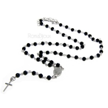 NSA|Collana Rosario uomo Argento 925 Con cristallo nero 4mm croce e madonna 44+5