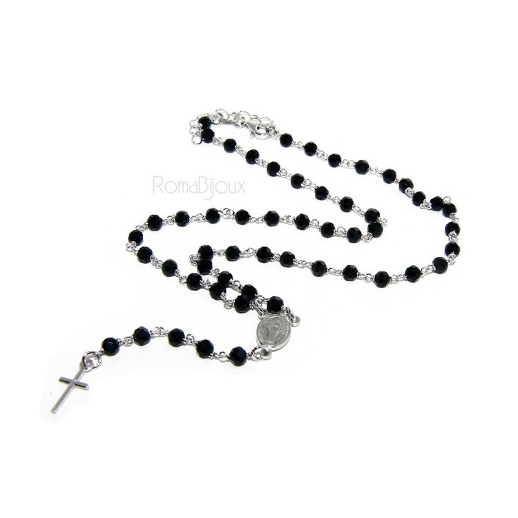 NSA|Rosary necklace man 925 With black crystal 4 mm cross and madonna 44 + 5