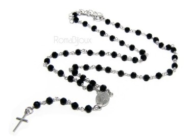 NSA|Rosary necklace man 925 With black crystal 4 mm cross and madonna 44 + 5