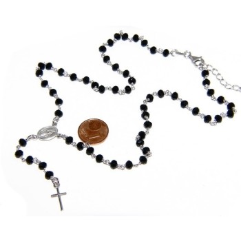 NSA|Collana Rosario uomo Argento 925 Con cristallo nero schiacciato 4mm croce e madonna 45+5