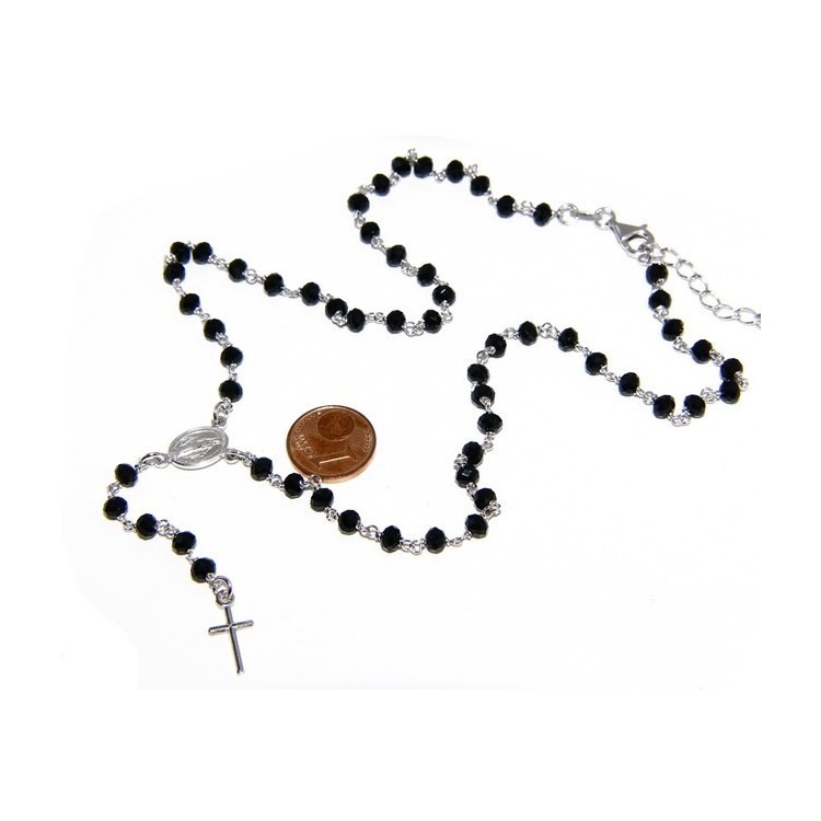 NSA|Rosary Necklace With 925 Silver Man crushed 4mm black crystal cross and madonna 45 + 5