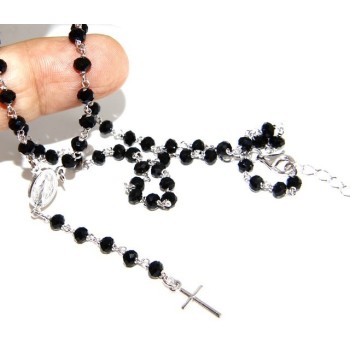 NSA|Rosary Necklace With 925 Silver Man crushed 4mm black crystal cross and madonna 45 + 5