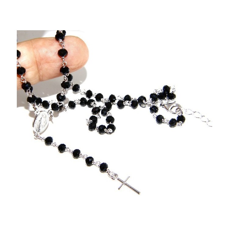 NSA|Rosary Necklace With 925 Silver Man crushed 4mm black crystal cross and madonna 45 + 5