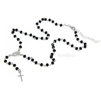 NSA|Collana Rosario uomo Argento 925 Con cristallo nero schiacciato 4mm croce e madonna 45+5
