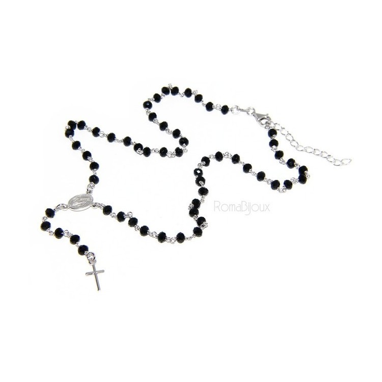NSA|Rosary Necklace With 925 Silver Man crushed 4mm black crystal cross and madonna 45 + 5