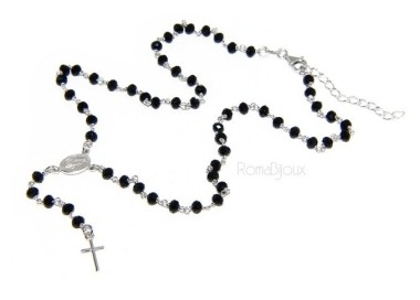 NSA|Rosary Necklace With 925 Silver Man crushed 4mm black crystal cross and madonna 45 + 5