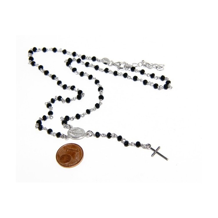NSA|Collana Rosario uomo Argento 925 Con cristallo nero schiacciato 4mm croce e madonna 45+5