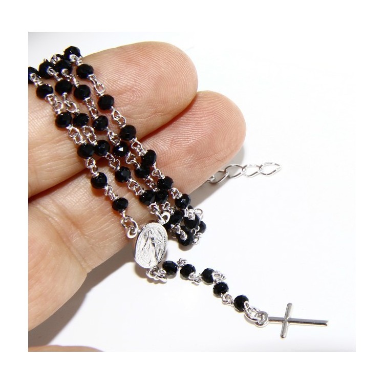 NSA|Rosary Necklace With 925 Silver Man crushed 4mm black crystal cross and madonna 45 + 5