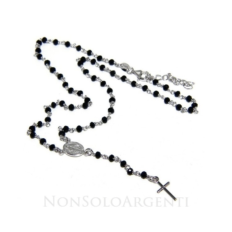 NSA|Collana Rosario uomo Argento 925 Con cristallo nero schiacciato 4mm croce e madonna 45+5