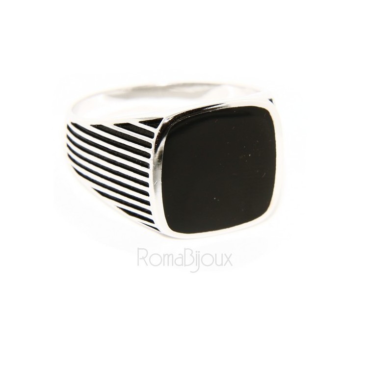 NSA|Anello Argento 925 da uomo a scudo chevalier quadrato faux onice rigato