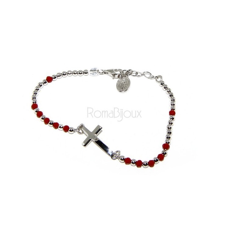 NSA|Bracciale rosario uomo in Argento 925 con immagine madonnina , croce convessa e cristallo rosso . Mis 17,00 - 20,00