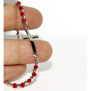 NSA|Bracciale rosario uomo in Argento 925 con immagine madonnina , croce convessa e cristallo rosso . Mis 17,00 - 20,00