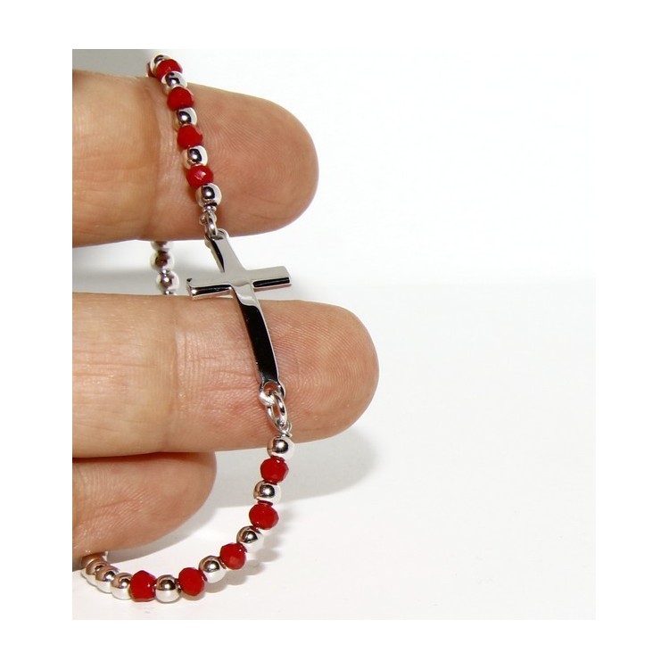 NSA|Bracelet rosary man in Silver 925 with Madonna picture, convex cross and red crystal. Mis from 17.00 to 20.00