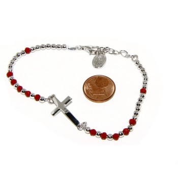 NSA|Bracciale rosario uomo in Argento 925 con immagine madonnina , croce convessa e cristallo rosso . Mis 17,00 - 20,00