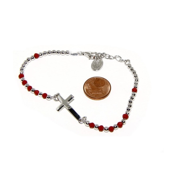NSA|Bracelet rosary man in Silver 925 with Madonna picture, convex cross and red crystal. Mis from 17.00 to 20.00