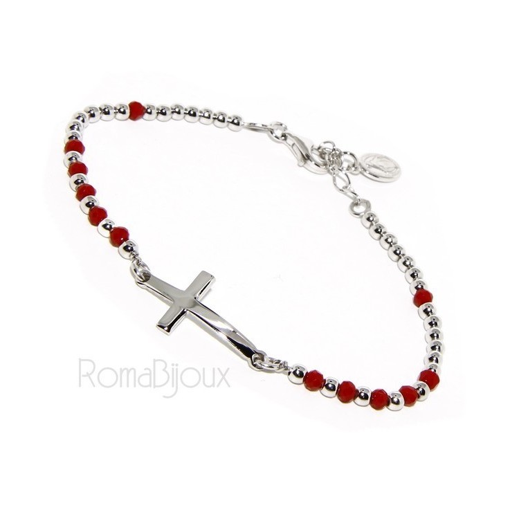 NSA|Bracelet rosary man in Silver 925 with Madonna picture, convex cross and red crystal. Mis from 17.00 to 20.00